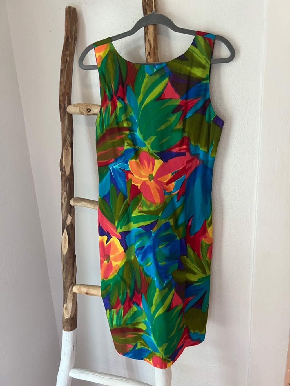 Vintage Ellen Ashley Colorful Tropical Floral Rayon Midi Dress Green Blue 8